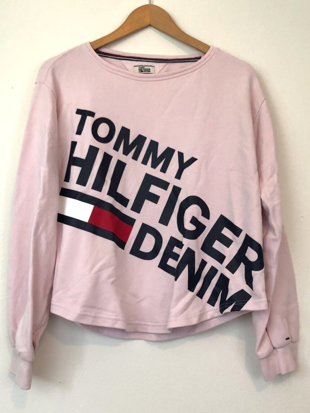 TOMMY HILFIGER DENIM Pink Black Spellout Logo Crewneck Cotton Stripe Sweatshirt